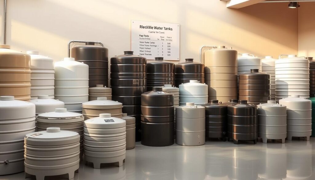 An array of water tanks in various sizes, shapes, and colors, neatly arranged on a clean, well-lit showroom floor. The tanks are positioned to showcase their sturdy construction and sleek designs, inviting customers to imagine how they would fit into their homes or businesses. The lighting is warm and natural, creating a serene and inviting atmosphere. In the background, a simple yet elegant display board showcases the pricing information, highlighting the flexibility and affordability of the water tank options. The overall scene conveys a sense of professionalism, quality, and customer-centric focus, aligning with the section title "خطط وأسعار مرنة تلائم احتياجات المنازل والمشاريع". An array of water tanks in various sizes, shapes, and colors, neatly arranged on a clean, well-lit showroom floor. The tanks are positioned to showcase their sturdy construction and sleek designs, inviting customers to imagine how they would fit into their homes or businesses. The lighting is warm and natural, creating a serene and inviting atmosphere. In the background, a simple yet elegant display board showcases the pricing information, highlighting the flexibility and affordability of the water tank options. The overall scene conveys a sense of professionalism, quality, and customer-centric focus, aligning with the section title "خطط وأسعار مرنة تلائم احتياجات المنازل والمشاريع".