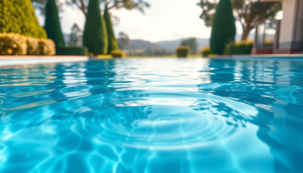 High-resolution image of a swimming pool with crystal-clear freshwater being filled up, viewed from an angle that showcases the serene, tranquil atmosphere. The setting is a lush, well-maintained backyard with manicured greenery and a picturesque landscape in the background. Soft, natural lighting illuminates the scene, casting gentle shadows and highlights on the rippling water surface. The pool's tiled edges and surroundings are clean and well-kept, exuding a sense of luxury and sophistication. The overall composition conveys the idea of a peaceful, rejuvenating oasis, suitable for residential or commercial use.