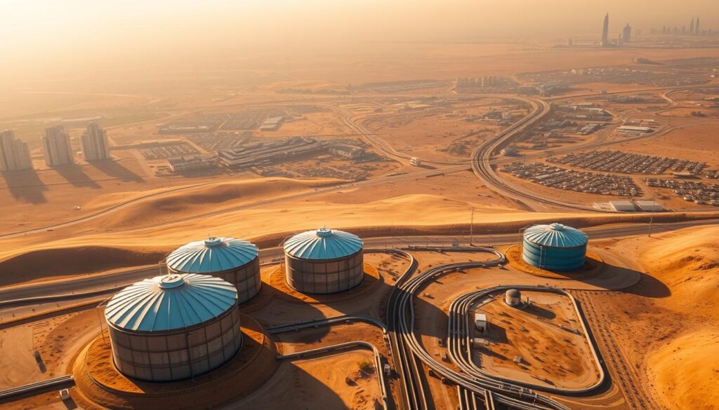 Sweeping aerial view of the Kuwaiti landscape, capturing the vast expanse of the desert terrain. In the foreground, a series of water tanks and distribution pipes, conveying the critical water infrastructure that sustains the region. The middle ground reveals a network of roads and highways, connecting the various communities. In the distance, the horizon is dotted with the silhouettes of high-rise buildings, hinting at the urbanization and development that has transformed the Kuwaiti skyline. The scene is bathed in warm, golden sunlight, casting long shadows and creating a sense of depth and dimensionality. The overall tone is one of pragmatic functionality, highlighting the essential role of water management in this arid environment.