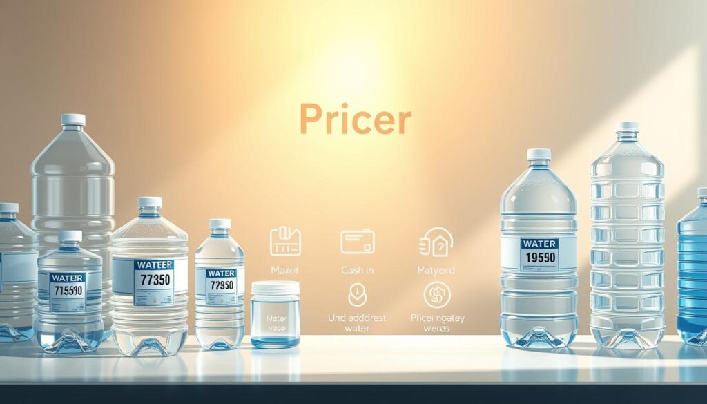 Water Prices: A Detailed Display A high-resolution digital illustration showcasing a clear, detailed presentation of water pricing and payment options. The foreground features various water containers and pricing labels, displayed against a clean, minimalist backdrop. The middle ground highlights the diverse payment methods available, with icons and text indicating cash, card, and digital payment options. The background has a soft, blurred effect, creating a polished, professional atmosphere. The lighting is warm and natural, casting gentle shadows to enhance the clarity and legibility of the information. The overall composition is well-balanced, drawing the viewer's attention to the key details of the water pricing and services.
