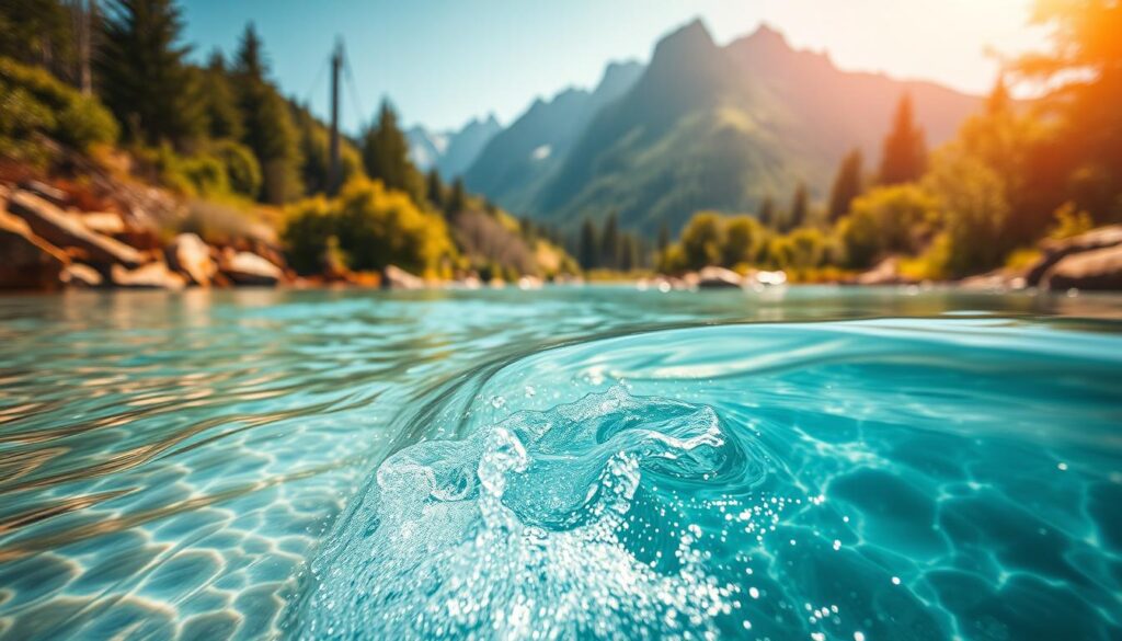 a serene landscape with crystal-clear, sparkling water flowing from a pristine mountain spring, surrounded by lush, verdant foliage and towering peaks in the distance. The water appears invitingly pure, with a slight turquoise hue reflecting the clear sky above. Warm, diffused sunlight filters through the scene, creating a tranquil, almost ethereal atmosphere. The composition emphasizes the water's purity and quality, highlighting the natural beauty of the untouched source. The overall scene conveys a sense of freshness, purity, and the unspoiled origins of the water supply.