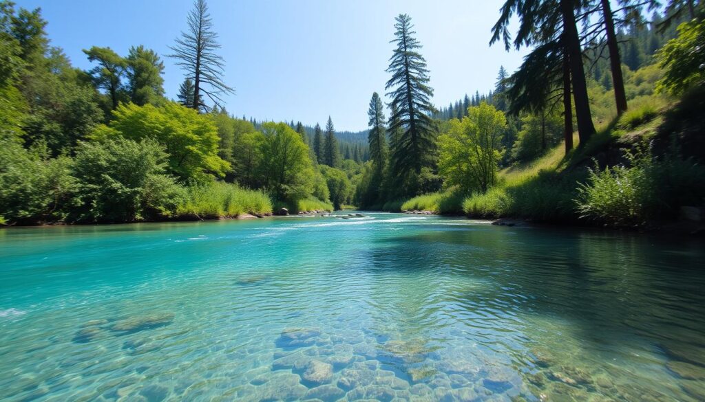 a serene, tranquil scene of pristine, crystal-clear water flowing gently through a lush, verdant landscape. the water is a stunning shade of azure blue, reflecting the clear sky above. the banks of the stream are lined with vibrant green foliage and tall, graceful trees. the lighting is soft and natural, creating a calming, peaceful atmosphere. the camera angle is slightly elevated, giving a panoramic view of the idyllic scene. the overall impression is one of pure, untainted water quality and the natural beauty of the environment.